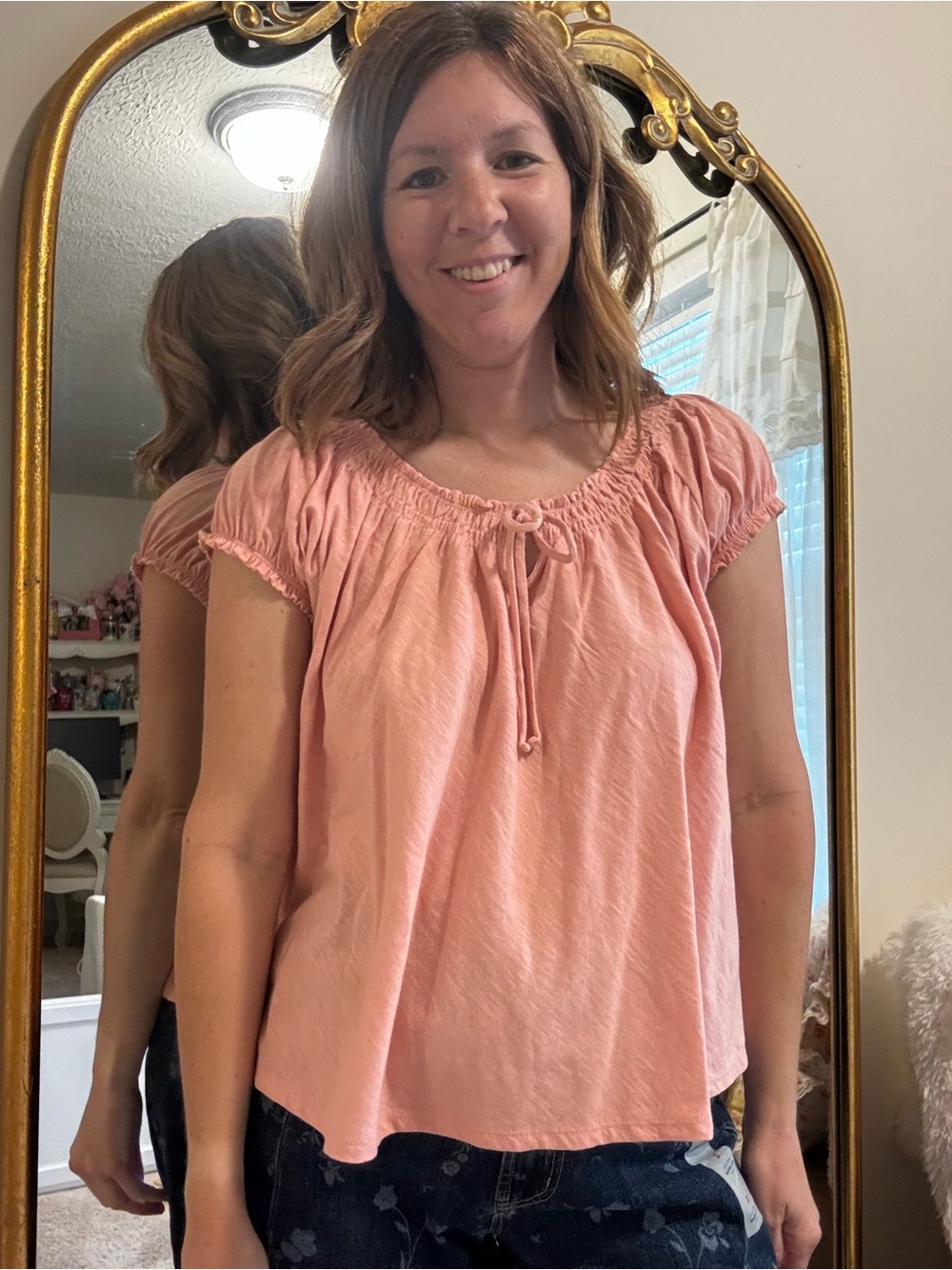 LC Lauren Conrad Blush Pink Peasant Top with Tie Neck